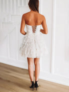Haviah |  White - A Line Strapless Dot Tulle Ruffle Homecoming Dresses With Bow