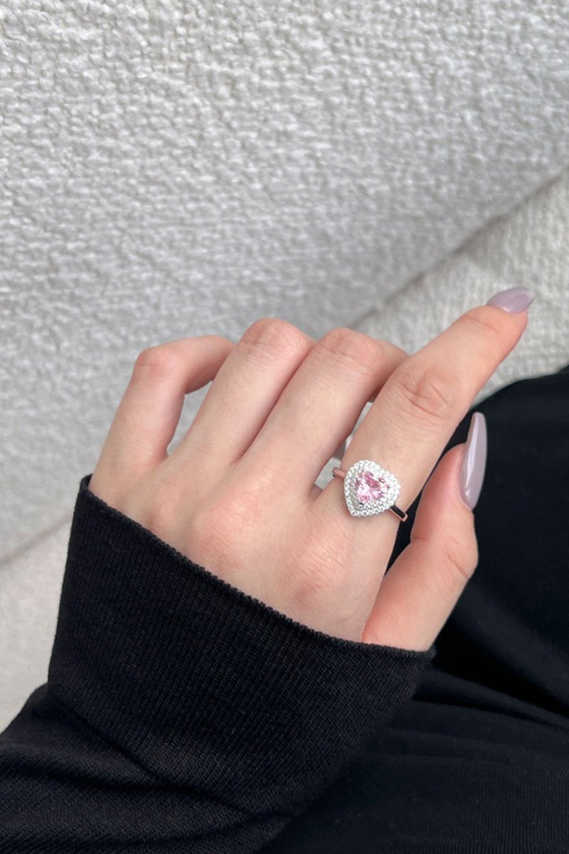 Heart Shape Pink Zircon Sterling Silver Ring - KissProm