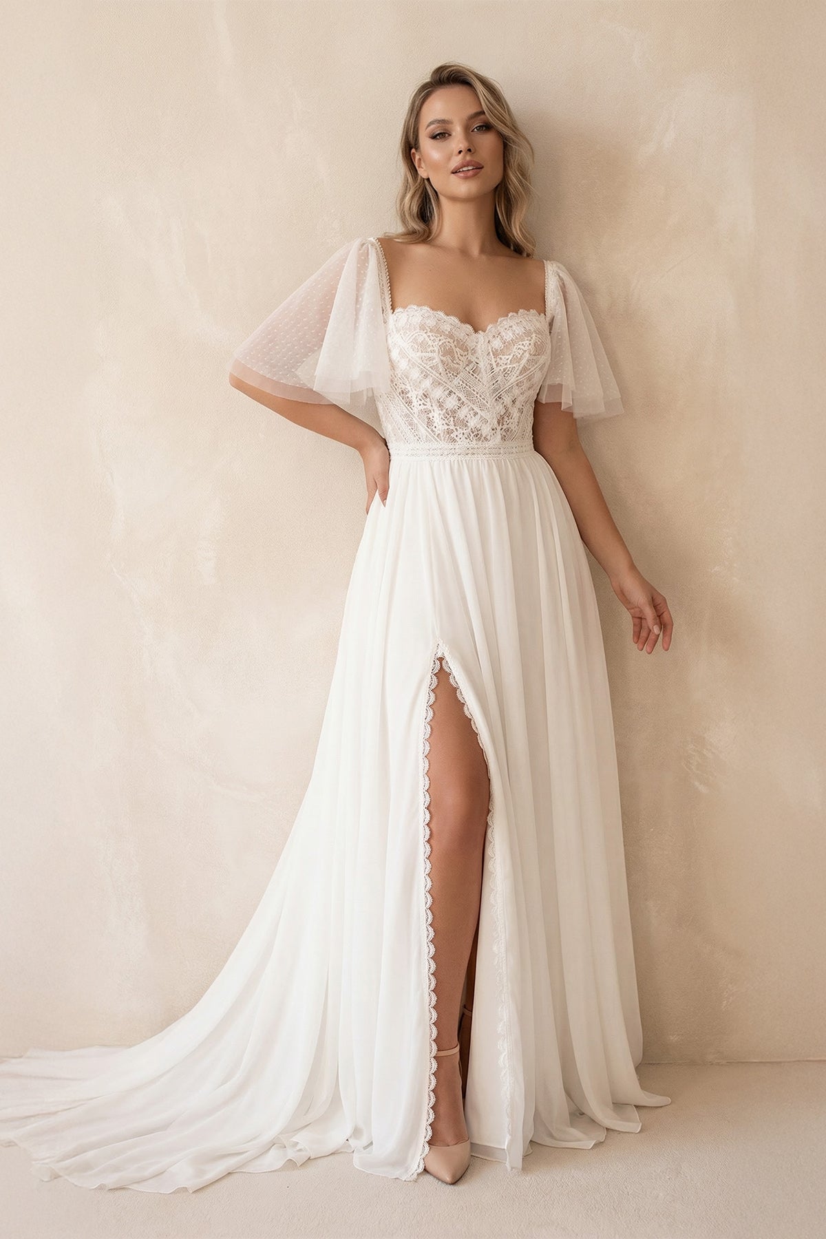 KissProm Plus Size Sweetheart Short Sleeves Sweep Train Chiffon Wedding Dresses, Diamond White / 20