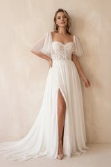 Plus Size Sweetheart Short Sleeves Sweep Train Chiffon Wedding Dresses