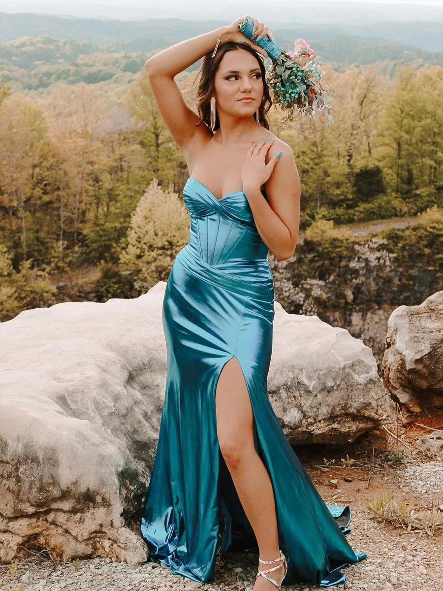 short lace applique bodice a line homecoming dress Royal Blue Strapless Keyhole A-Line Prom Dress with Slit – FancyVestido main image 0