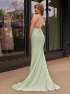 Helaina | Plunge Neck Light Pink Mermaid Satin Long Prom Dress