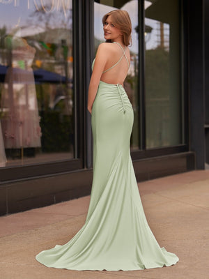 Plunge Neck Light Pink Mermaid Satin Long Prom Dress - KISSPROM PROM DRESSES