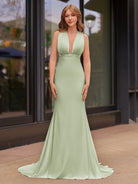 Helaina | Plunge Neck Light Pink Mermaid Satin Long Prom Dress