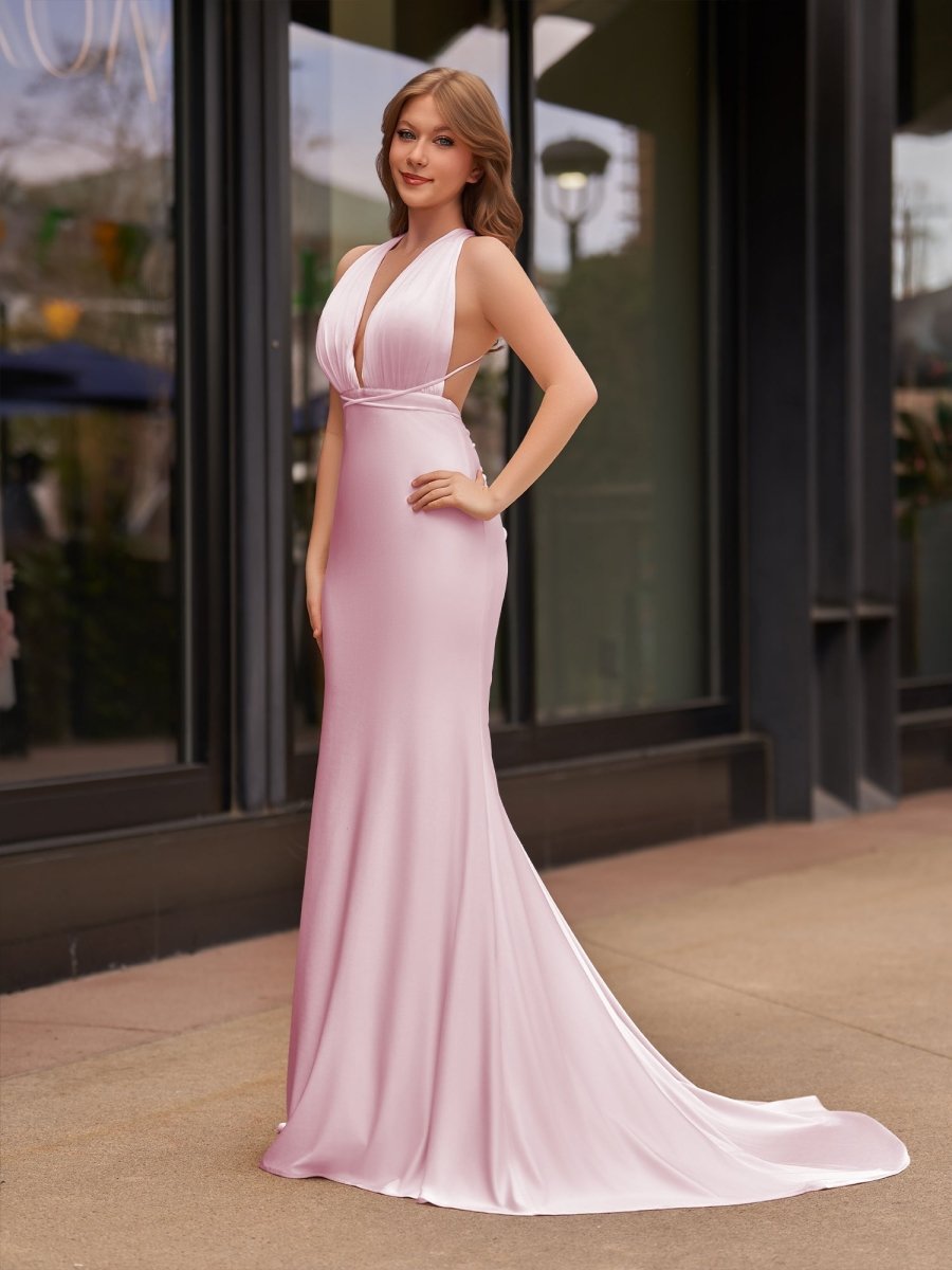 Helaina | Plunge Neck Light Pink Mermaid Satin Long Prom Dress