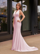 Helaina | Plunge Neck Light Pink Mermaid Satin Long Prom Dress