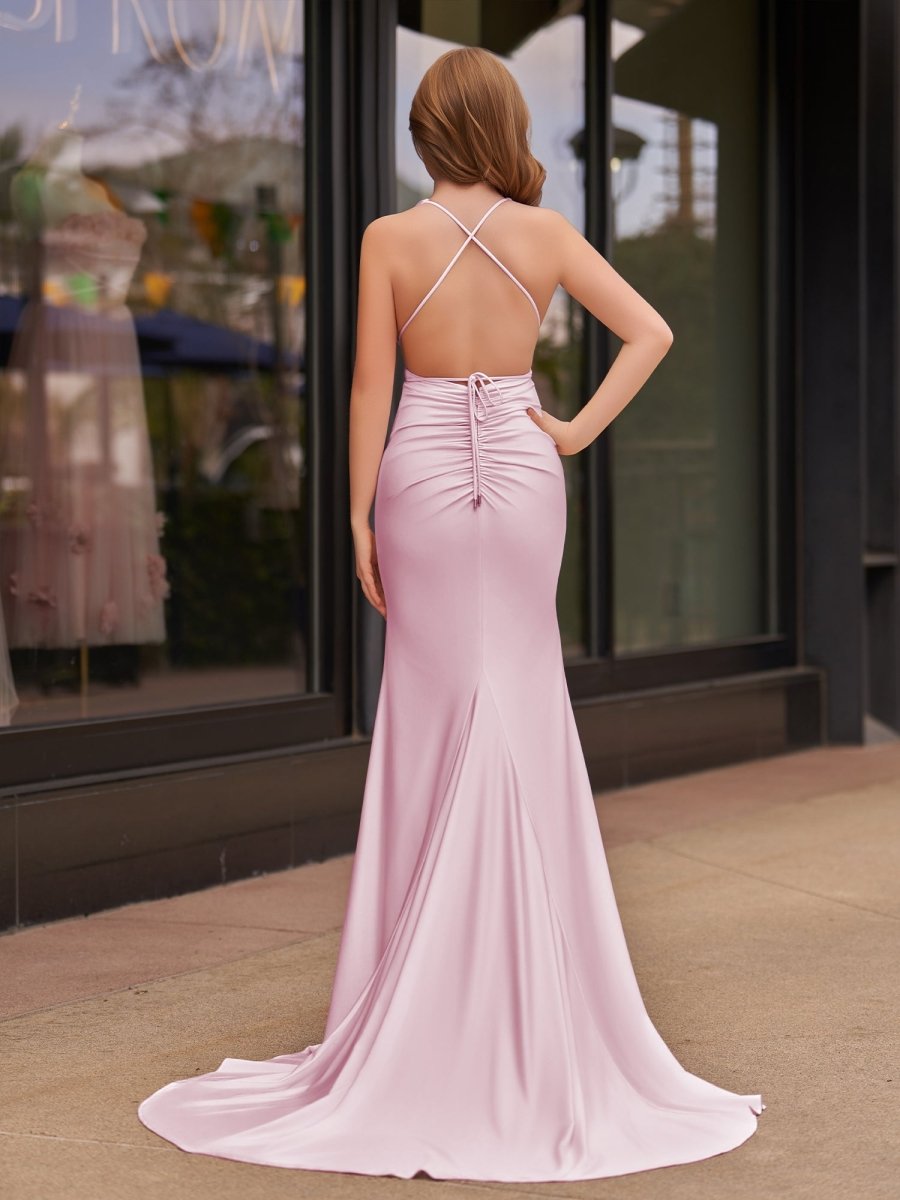 Plunge Neck Light Pink Mermaid Satin Long Prom Dress