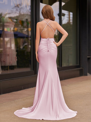 Plunge Neck Light Pink Mermaid Satin Long Prom Dress - KISSPROM PROM DRESSES