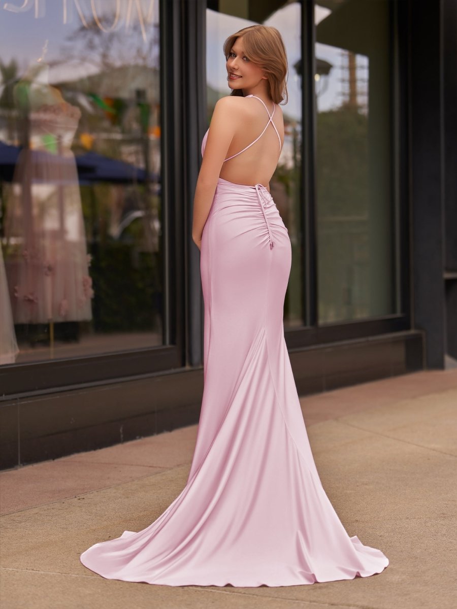 KissProm Plunge Neck Light Pink Mermaid Satin Long Prom Dress, Pink / 2