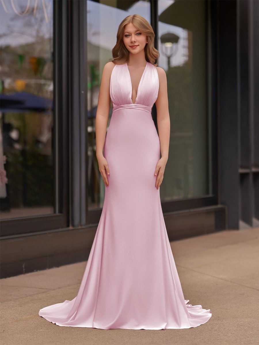 plunge neck formal dress Plunge Neck Light Pink Mermaid Satin Long Prom Dress Pink / 2
