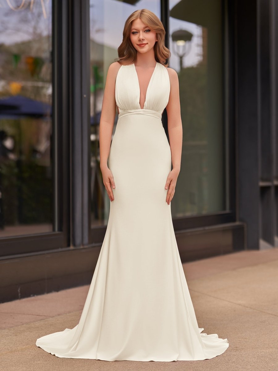 Helaina | Plunge Neck Light Pink Mermaid Satin Long Prom Dress