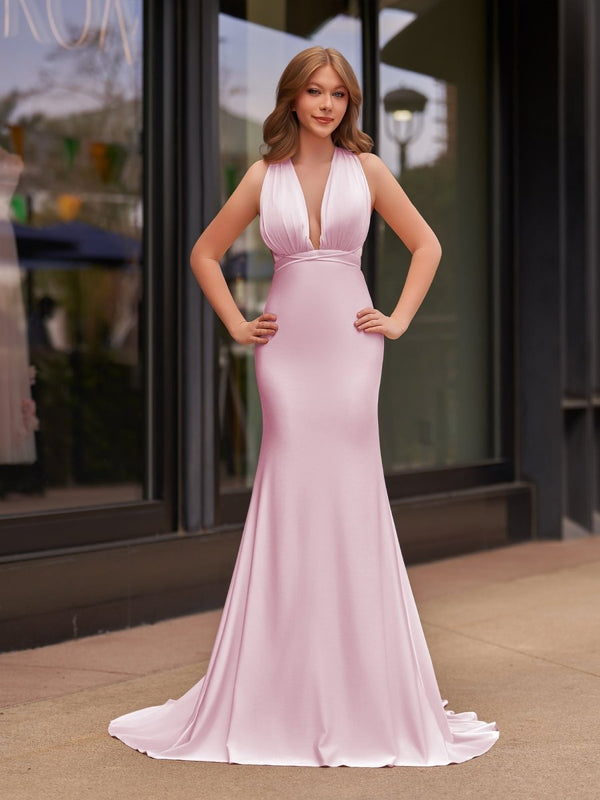 Plunge Neck Light Pink Mermaid Satin Long Prom Dress - KISSPROM PROM DRESSES