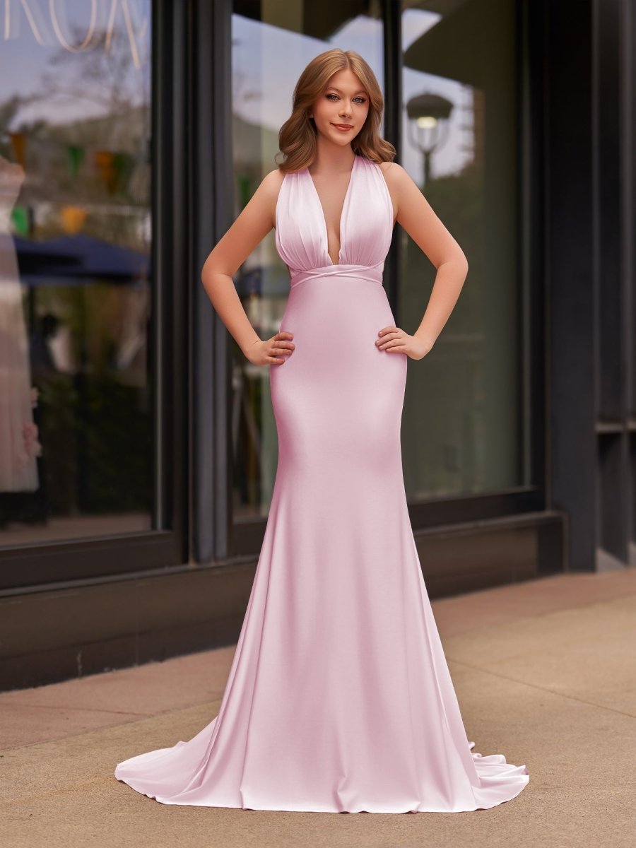 Helaina | Plunge Neck Light Pink Mermaid Satin Long Prom Dress