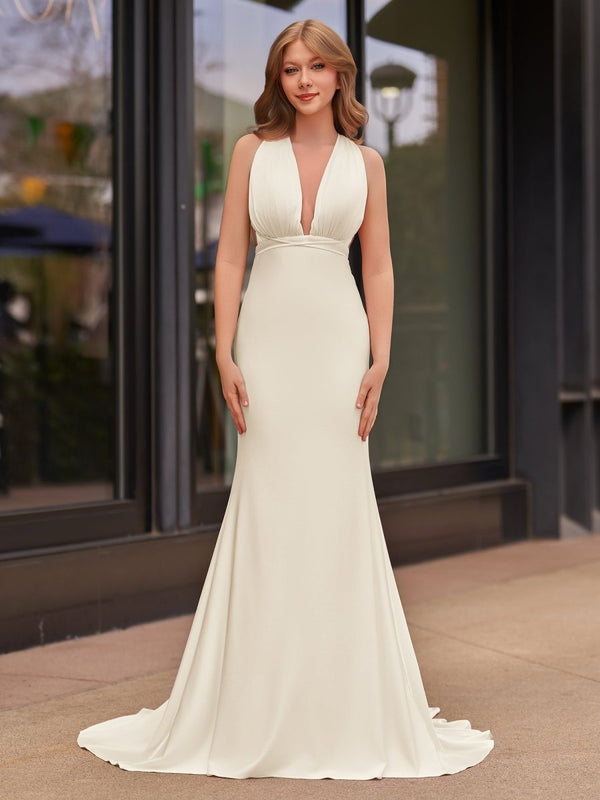 Plunge Neck Light Pink Mermaid Satin Long Prom Dress - KISSPROM PROM DRESSES