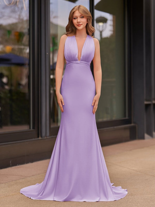 Plunge Neck Light Pink Mermaid Satin Long Prom Dress Sky Blue / 18