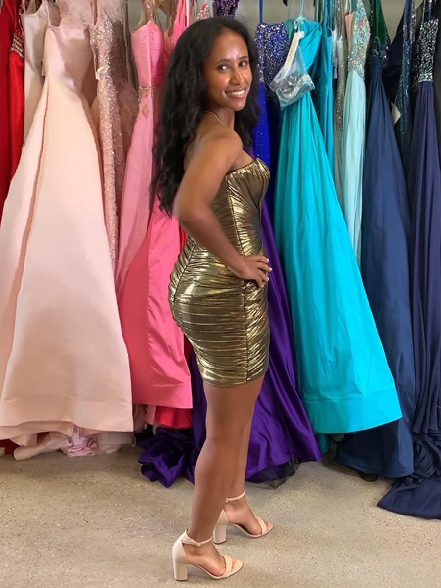 Helia | Gold - Strapless Bodycon Metallic Short Homecoming Dress With Keyhole