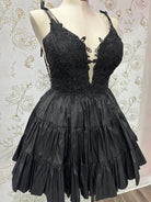 Heliodor | Black - V Neck Satin A Line Ruffles Homecoming Dresses With Appliques