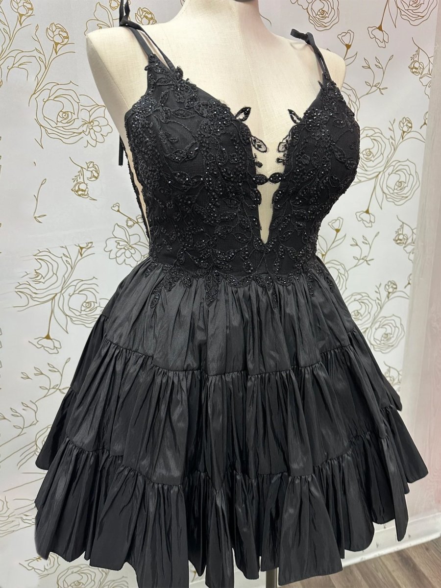 Heliodor | Black - V Neck Satin A Line Ruffles Homecoming Dresses With Appliques
