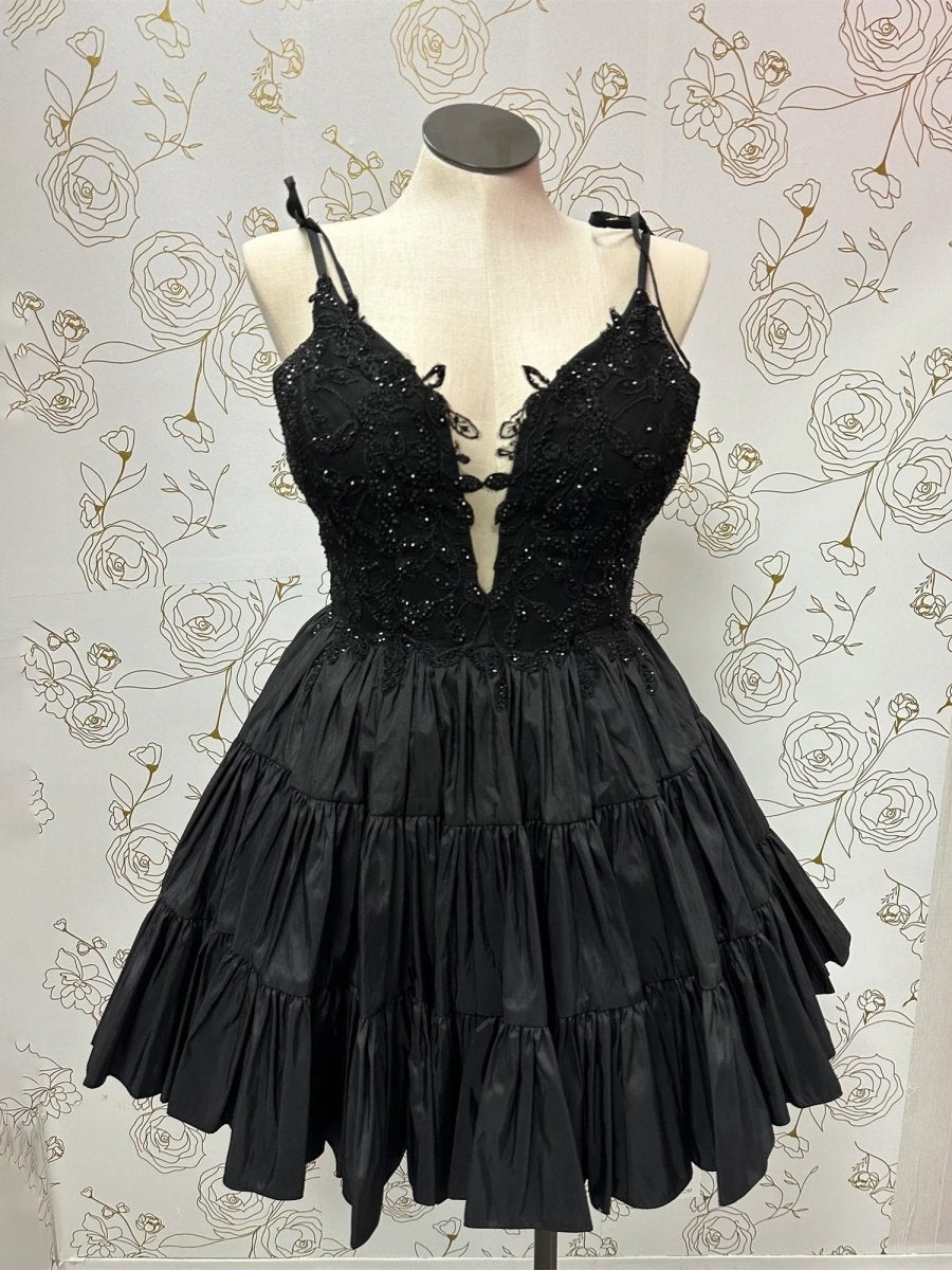 Heliodor | Black - V Neck Satin A Line Ruffles Homecoming Dresses With Appliques