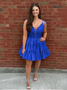 Heliodor | Royal Blue - V Neck Satin A Line Ruffles Homecoming Dresses With Appliques - KissProm