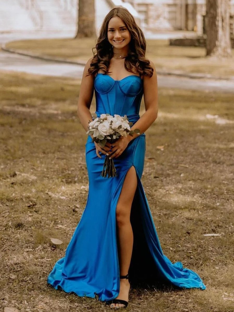 Alexia | Blue Satin Mermaid Long Formal Dress with Slit
