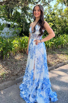 KissProm-Heraldine Blue Halter A Line Floral Chiffon Ruffled Formal Prom Dresses With Beading