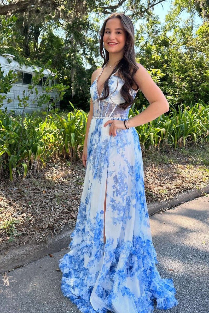 KissProm-Heraldine Blue Halter A Line Floral Chiffon Ruffled Formal Prom Dresses With Beading