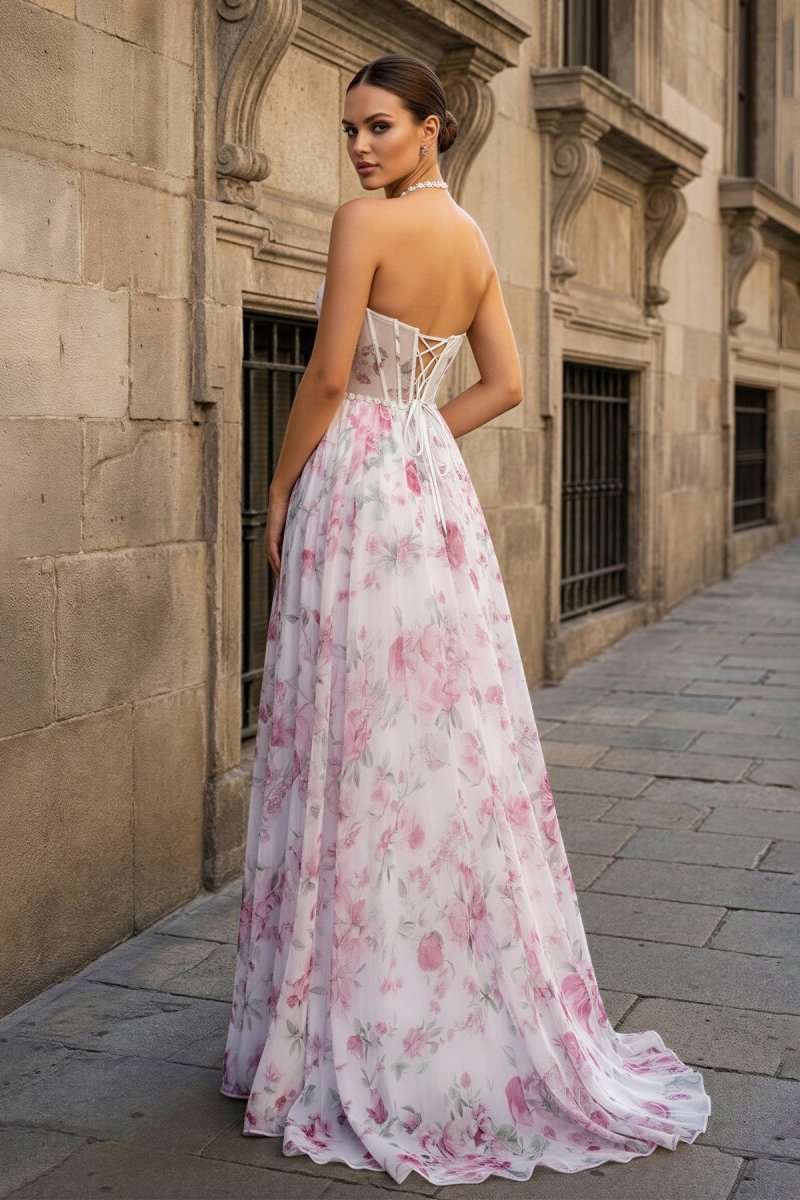 Pink Halter A Line Floral Chiffon Ruffled Formal Prom Dresses With Bea