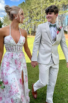 KissProm-Heraldine Pink Halter A Line Floral Chiffon Ruffled Formal Prom Dresses With Beading