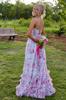 KissProm-Heraldine Pink Halter A Line Floral Chiffon Ruffled Formal Prom Dresses With Beading