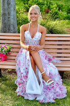 KissProm-Heraldine Pink Halter A Line Floral Chiffon Ruffled Formal Prom Dresses With Beading