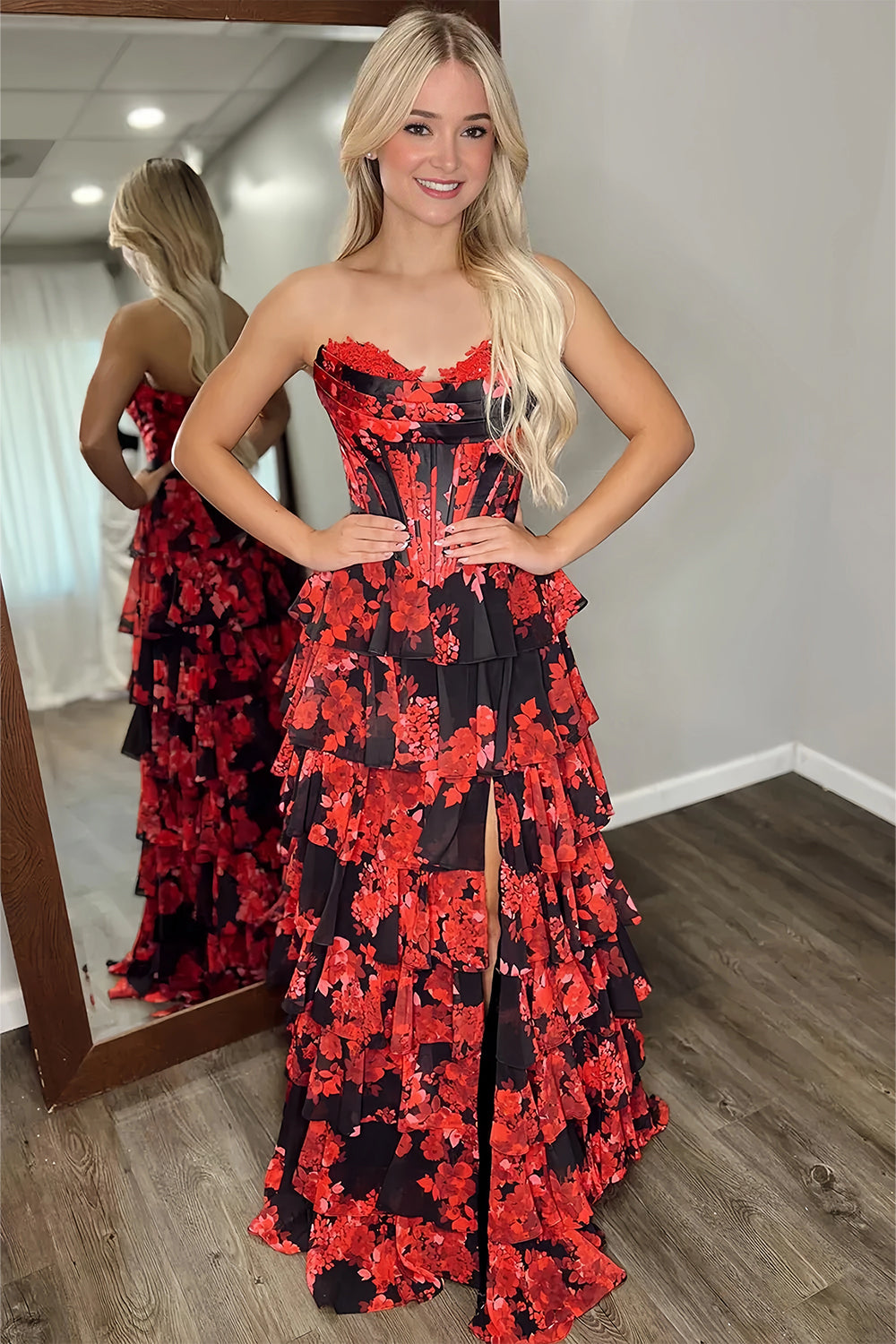 KissProm-Hermonde Red Strapless A Line Floral Chiffon Ruffled Prom Dresses With Slit