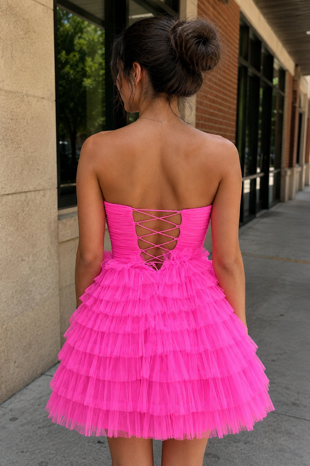 Hot Pink Keyhole Strapless A-Line Ruffles Short Homecoming Dress - KissProm
