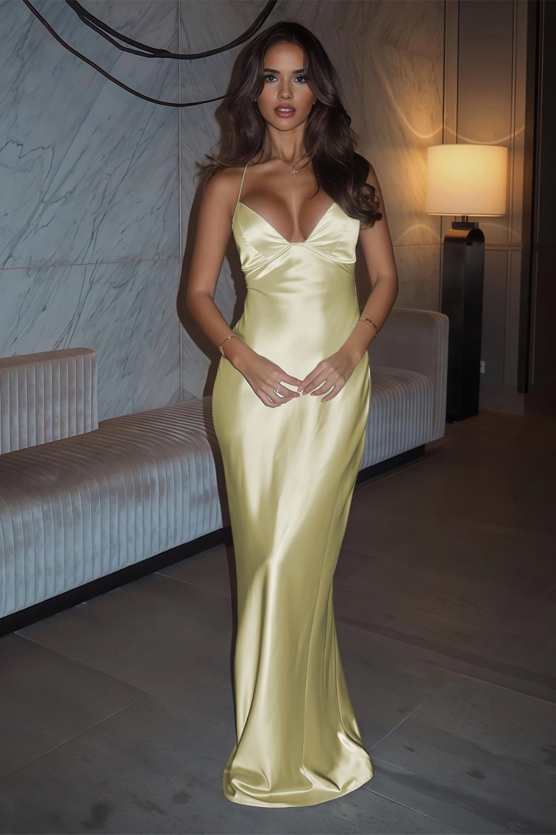 KissProm Ivory Sheath Satin Spaghetti Straps Long Prom Dresses, Yellow / 16