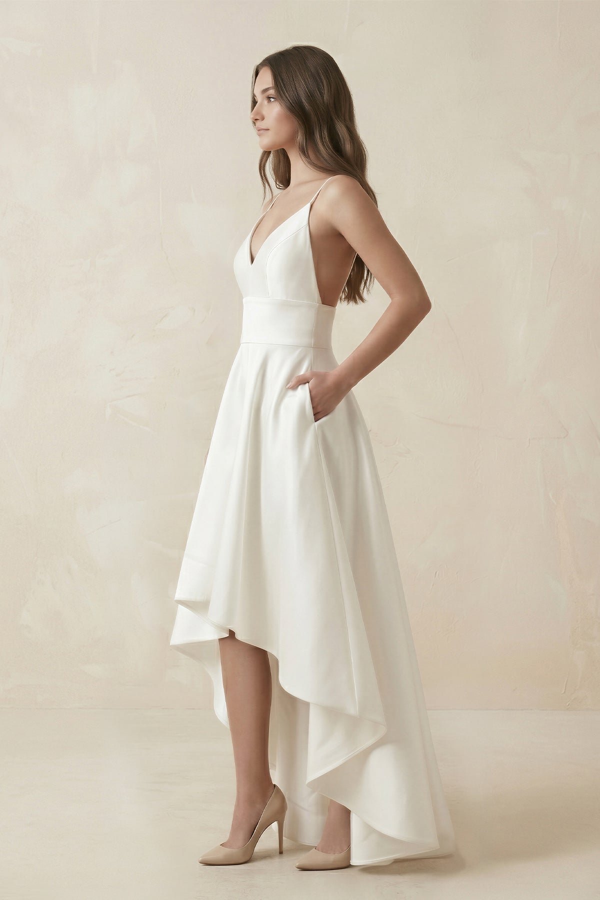 asymmetrical bridal dresses High-Low Satin V-Neck A-Line Wedding Dress in White, White / 6