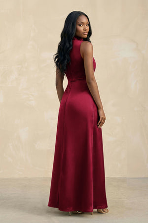 High Neck A - Line Bridesmaid Dress Wiht Slit in Berry - KissProm Bridesmaid Dresses