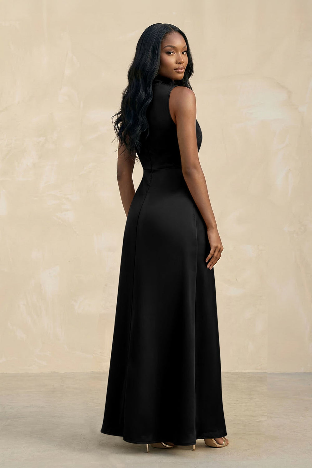 High Neck A - Line Bridesmaid Dress Wiht Slit in Black - KissProm Bridesmaid Dresses