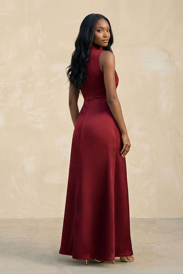 High Neck A-Line Bridesmaid Dress With Slit in Burgundy, Burgundy / 4