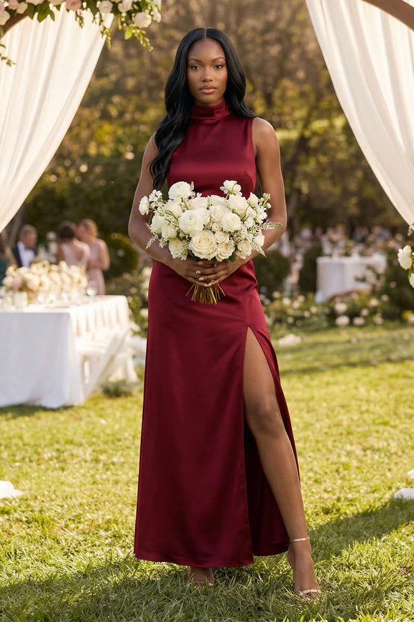 High Neck A - Line Bridesmaid Dress Wiht Slit in Burgundy - KissProm Bridesmaid Dresses