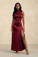 High Neck A - Line Bridesmaid Dress Wiht Slit in Burgundy - KissProm Bridesmaid Dresses