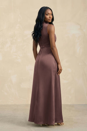 High Neck A - Line Bridesmaid Dress Wiht Slit in Espresso - KissProm Bridesmaid Dresses