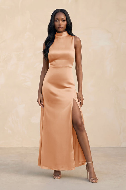 KissProm | High Neck A-Line Bridesmaid Dress With Slit in Golden Champagne KissProm | High Neck A-Line Bridesmaid Dress With Slit in Golden Champagne