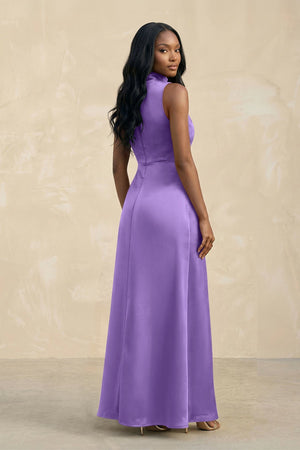 High Neck A - Line Bridesmaid Dress Wiht Slit in Lilac - KissProm Bridesmaid Dresses