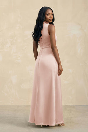 High Neck A - Line Bridesmaid Dress Wiht Slit in Pale Blush - KissProm Bridesmaid Dresses