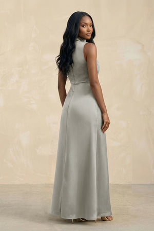 High Neck A - Line Bridesmaid Dress Wiht Slit in Silver - KissProm Bridesmaid Dresses