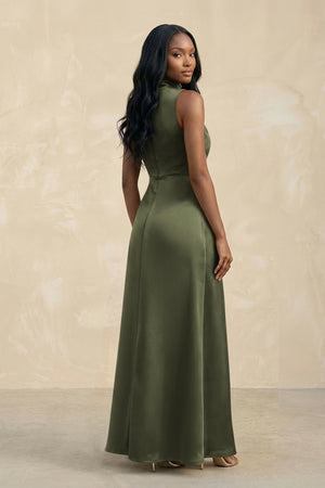 High Neck A - Line Bridesmaid Dress Wiht Slit in Willow Green - KissProm Bridesmaid Dresses