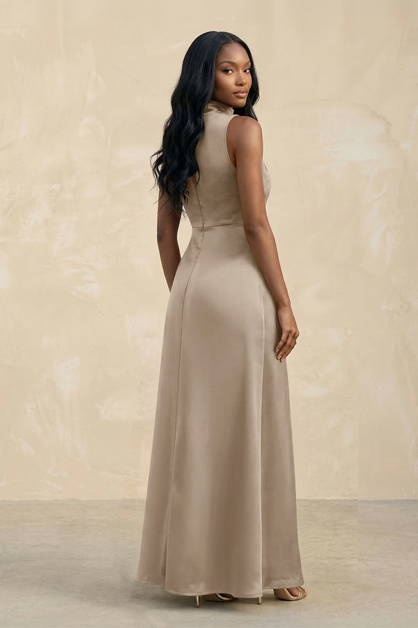 High Neck A - Line Bridesmaid Dress Wiht Slit in Almond - KissProm Bridesmaid Dresses