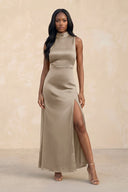 High Neck A - Line Bridesmaid Dress Wiht Slit in Almond - KissProm Bridesmaid Dresses
