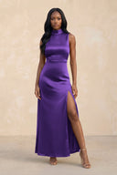 High Neck A - Line Bridesmaid Dress Wiht Slit in Amethyst - KissProm Bridesmaid Dresses