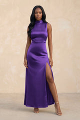 High Neck A - Line Bridesmaid Dress Wiht Slit in Amethyst - KissProm Bridesmaid Dresses